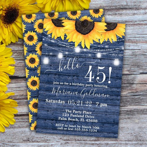 Sunflowers String Lights Blue 45th Birthday Party Invitation