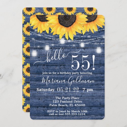 Sunflowers String Lights Blue 55th Birthday Party Invitation