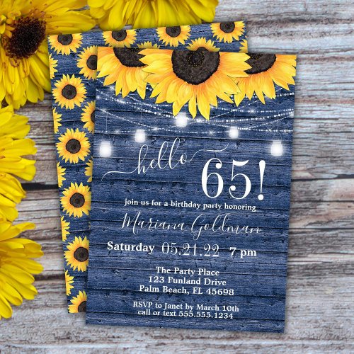 Sunflowers String Lights Blue 65th Birthday Party Invitation