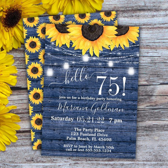 Sunflowers String Lights blue 75th Birthday Party Invitation (Creator Uploaded)