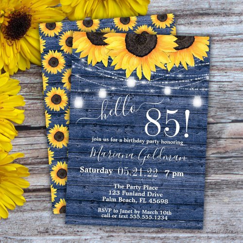 Sunflowers String Lights Blue 85th Birthday Party Invitation
