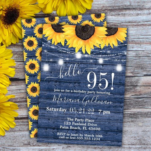 Sunflowers String Lights Blue 95th Birthday Party Invitation
