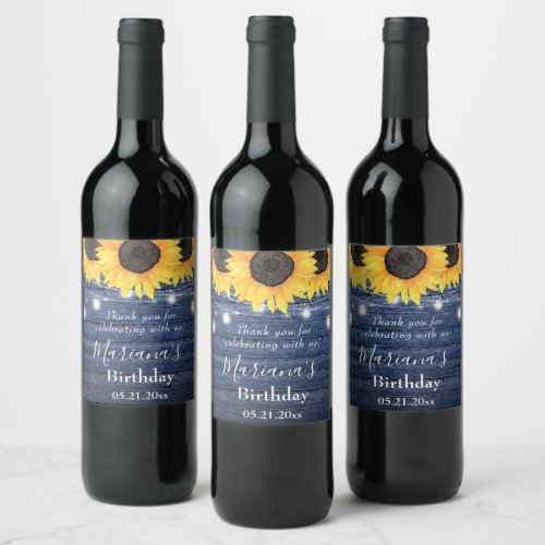 Sunflowers String Lights Blue Birthday Party Favor Wine Label