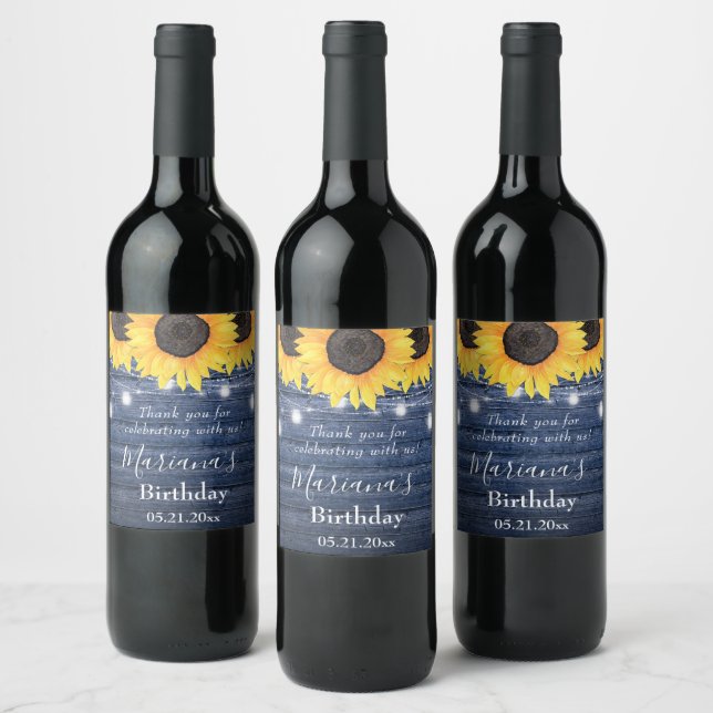 Sunflowers String Lights Blue Birthday Party Favor Wine Label (Bottles)