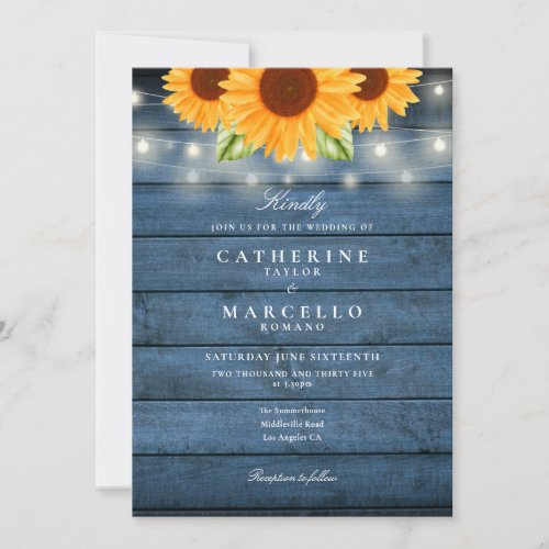 Sunflowers String Lights Blue Rustic Wood Wedding Invitation