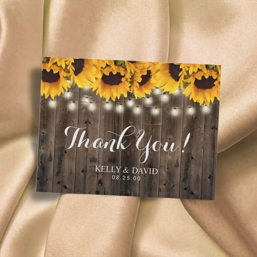 Sunflowers String Lights Country Wedding Thank You Postcard