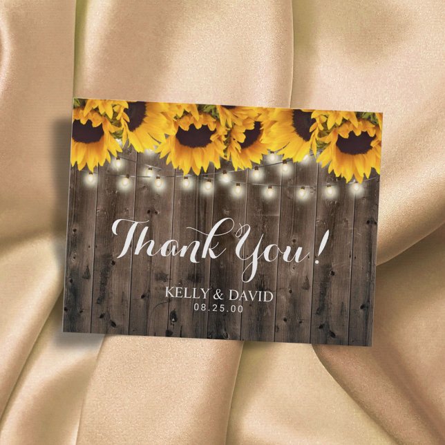 Sunflowers String Lights Country Wedding Thank You Postcard (Creator Uploaded)