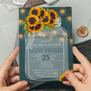 Sunflowers string lights jar housewarming bbq invitation