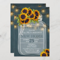 Sunflowers string lights jar housewarming bbq invitation