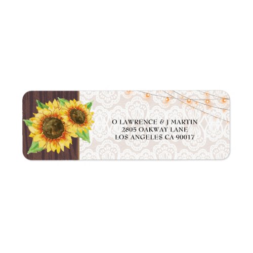 Sunflowers String Lights Lace Wood Wedding Address Label