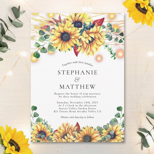 Sunflowers String Lights Mason Jars Fall Wedding Invitation