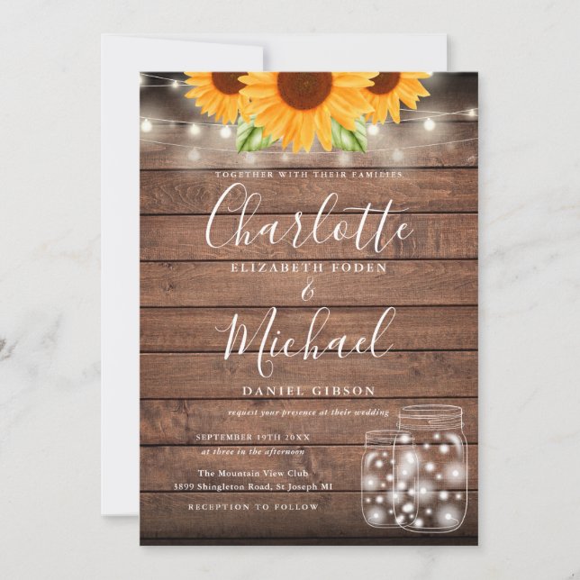 Sunflowers String Lights Mason Jars Wedding Invitation (Front)