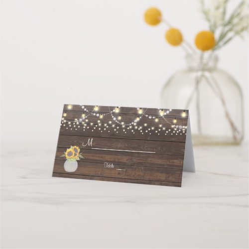 Sunflowers String Lights Old Wood Table Number Place Card