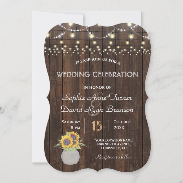 Sunflowers String Lights Old Wood Wedding Invitation (Front)