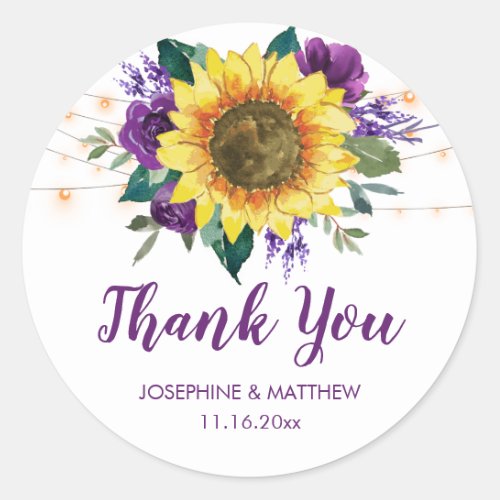 Sunflowers String Lights Purple Floral Thank You Classic Round Sticker