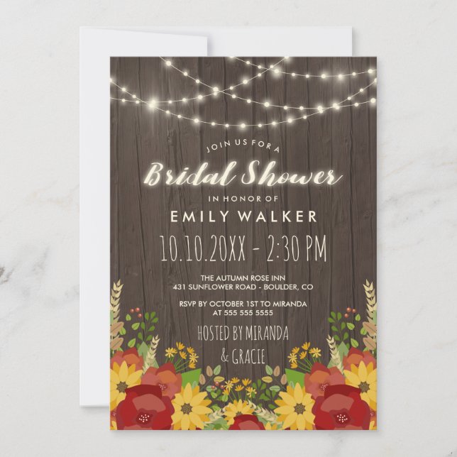 Sunflowers & String Lights Rustic Bridal Shower Invitation (Front)