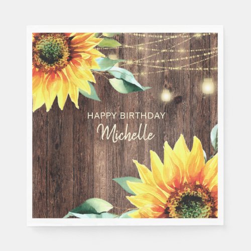 Sunflowers String Lights Rustic Happy Birthday Napkins