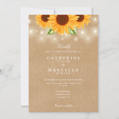 Sunflowers String Lights Rustic Kraft Wedding Invitation