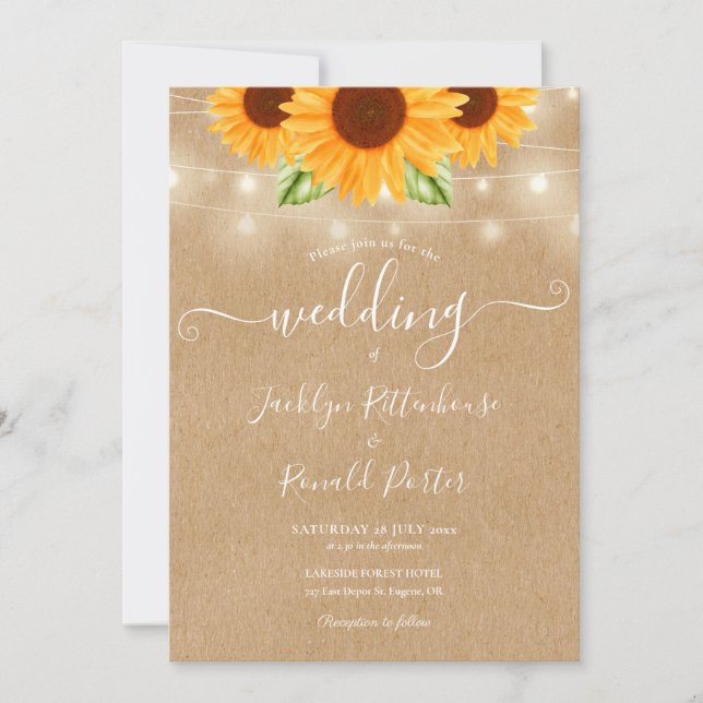 Sunflowers String Lights Rustic Kraft Wedding Invitation (Front)