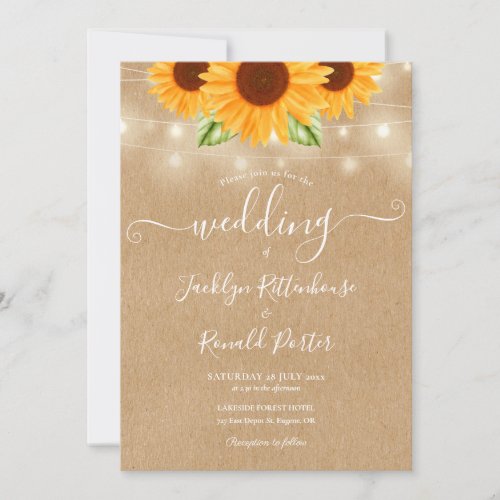 Sunflowers String Lights Rustic Kraft Wedding Invitation