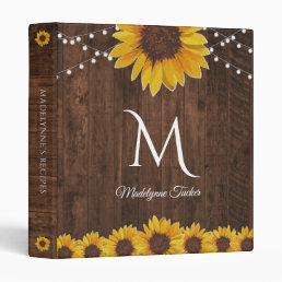 Sunflowers &amp; String Lights Rustic Recipe Cookbook 3 Ring Binder