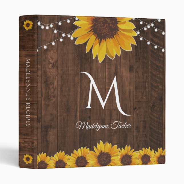 Sunflowers & String Lights Rustic Recipe Cookbook 3 Ring Binder (Front/Spine)