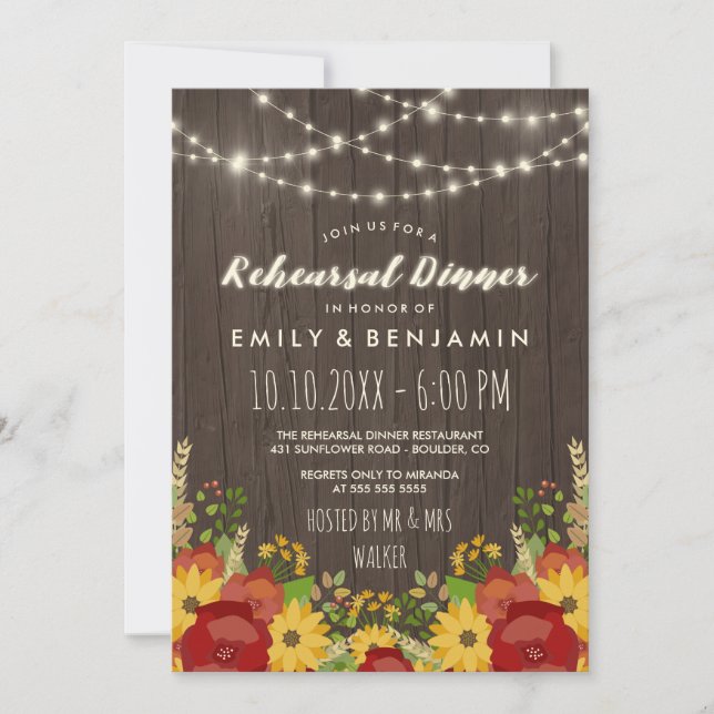 Sunflowers & String Lights Rustic Rehearsal Dinner Invitation (Front)