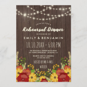 Sunflowers & String Lights Rustic Rehearsal Dinner Invitation