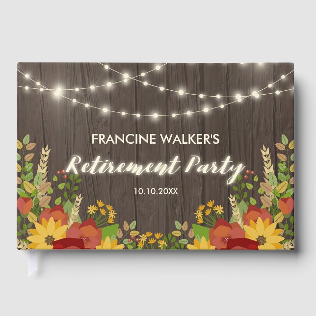 Sunflowers & String Lights Rustic Retirement Party Guest Book (Front)