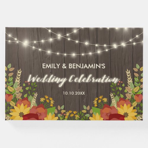 Sunflowers  String Lights Rustic Wedding Guest Book