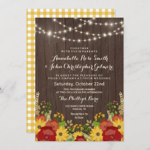 Sunflowers & String Lights Rustic Wedding Invitation