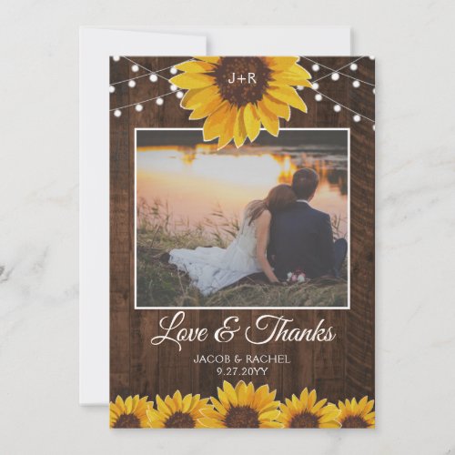 Sunflowers  String Lights Rustic Wedding Thank You Card
