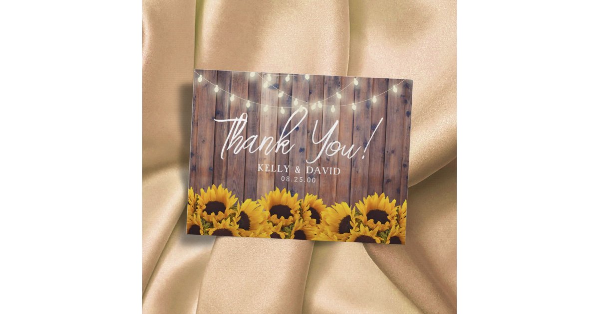 Sunflowers String Lights Rustic Wedding Thank You Postcard | Zazzle