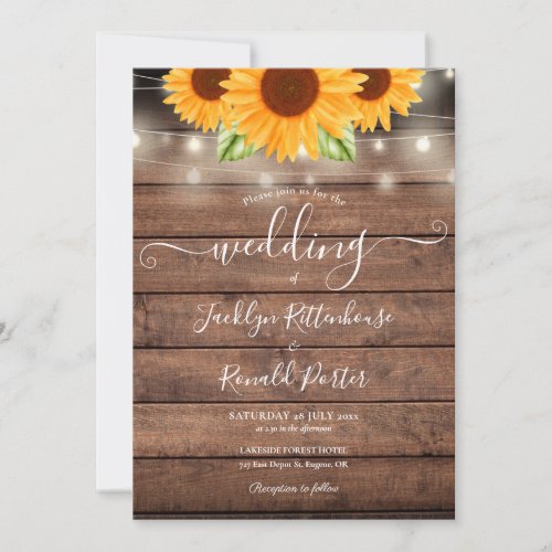 Sunflowers String Lights Rustic Wood Wedding Invitation