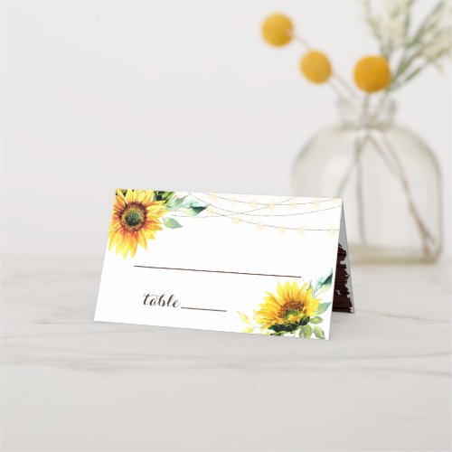 Sunflowers String Lights Rustic Wood Wedding Place Card