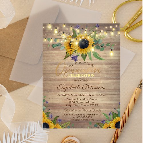 SunflowersString LightsWood Quinceaera  Invitation