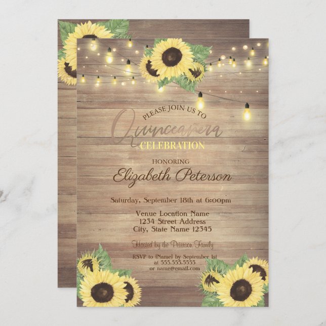 Sunflowers,String Lights,Wood Texture Quinceañera Invitation (Front/Back)