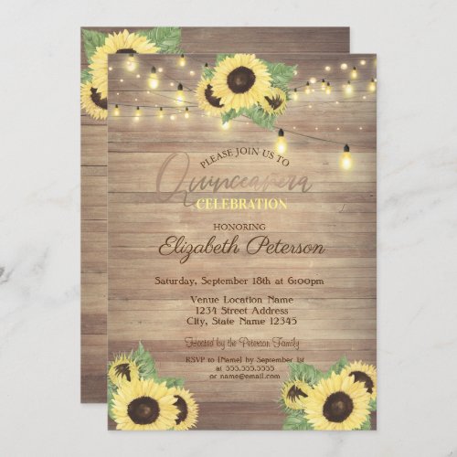 SunflowersString LightsWood Texture Quinceaera Invitation