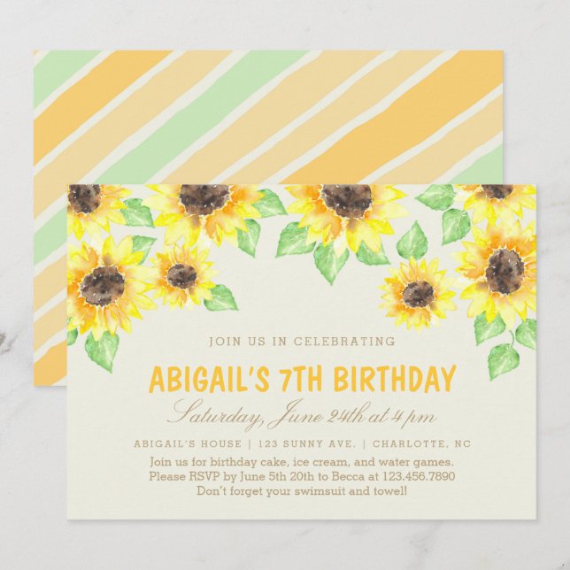 Sunflowers Summer Birthday Party  Invitation (Front/Back)