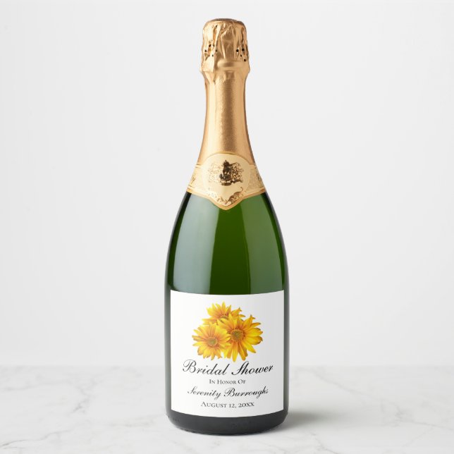 Sunflowers Summer Yellow Floral Bridal Shower Sparkling Wine Label (Front)