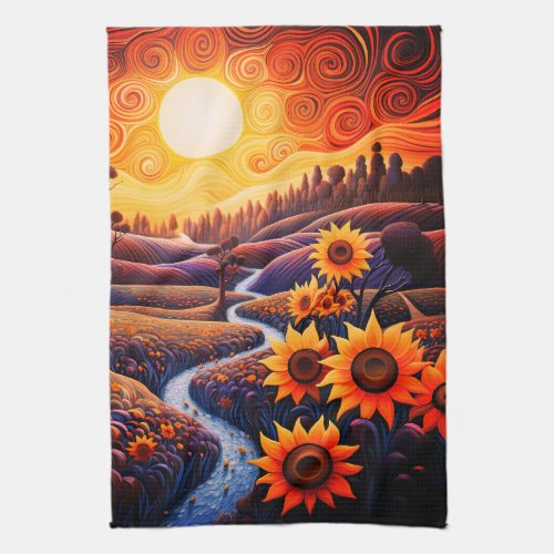 Sunflowers Sunrise Abstract Nature Illustration Kitchen Towel