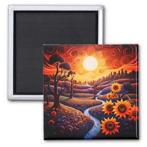 Sunflowers Sunrise Abstract Nature Illustration Magnet