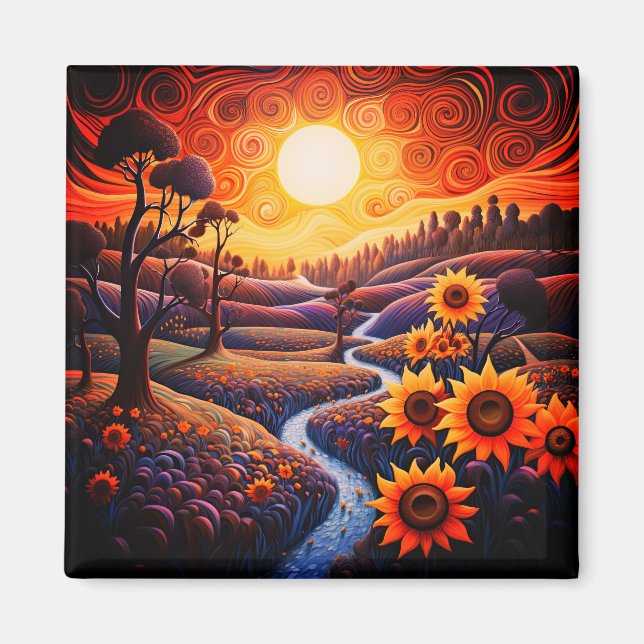 Sunflowers Sunrise Abstract Nature Illustration Magnet (Front)