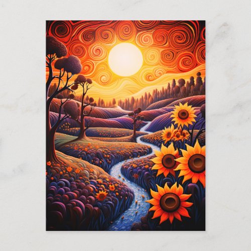 Sunflowers Sunrise Abstract Nature Illustration Postcard
