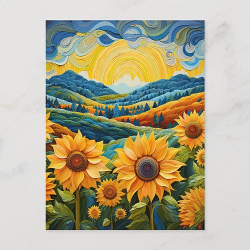 Sunflowers Sunrise Abstract Nature Illustration Postcard