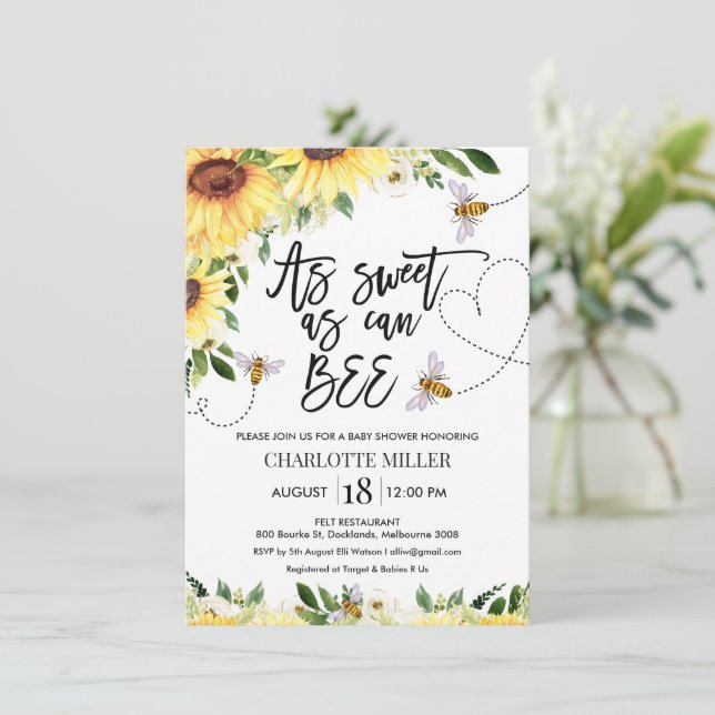 Sunflowers Sweet As Can Bee Baby Shower Invitation (Standing Front)