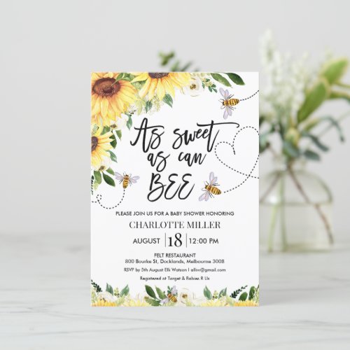 Sunflowers Sweet As Can Bee Baby Shower Invitation