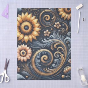 Sunflowers & Swirls Navy Blue Gold Decoupage Tissue Paper