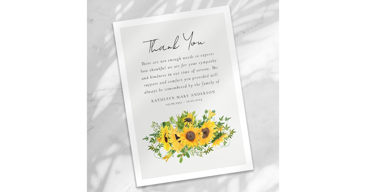 Sunflowers Sympathy Funeral Thank You Card | Zazzle