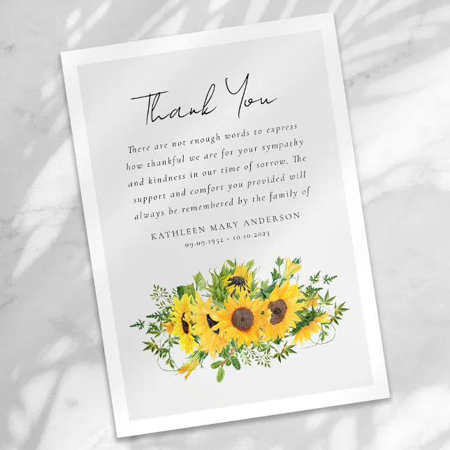 Sunflowers Sympathy Funeral Thank You Card | Zazzle